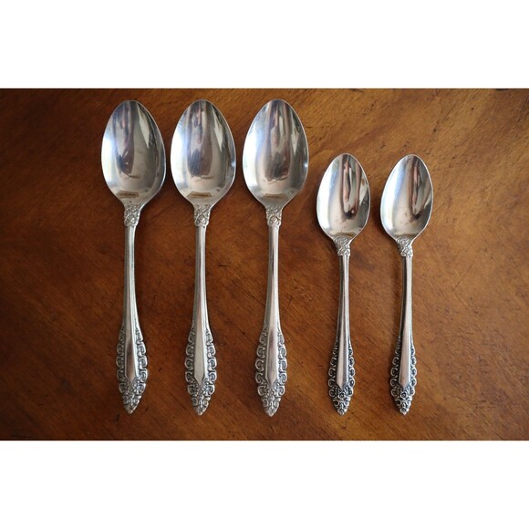 Orleans Silver Black Scroll Floral 5x Dinner Teaspoon Spoon Lot Stainless Japan - Picture 2 of 8